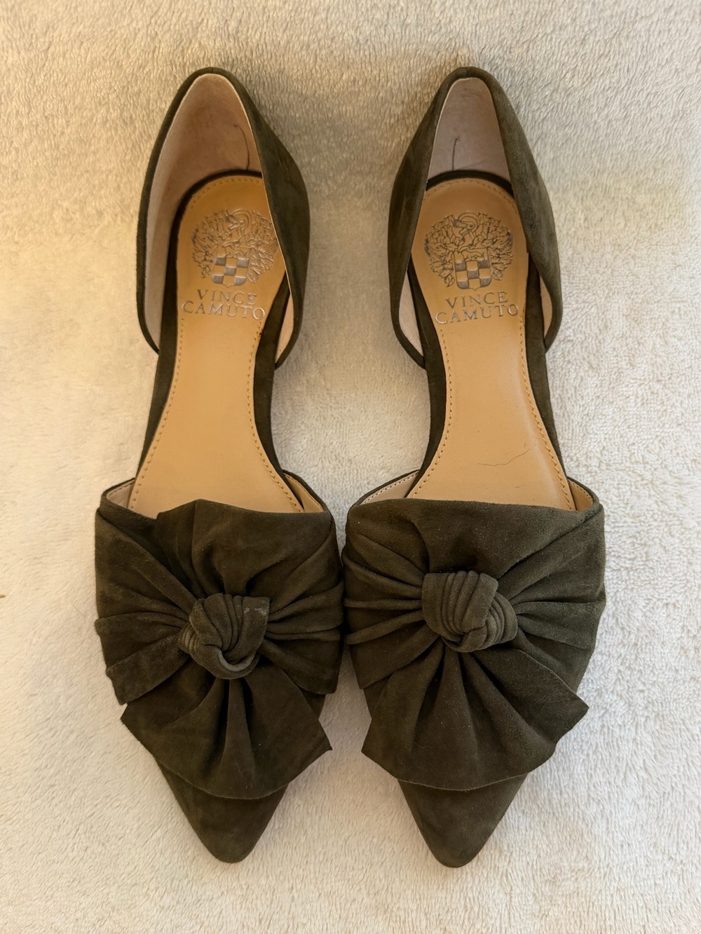 Vince Camuto Olive Suede Pointed D'Orsay Flats with Knotted Bow
